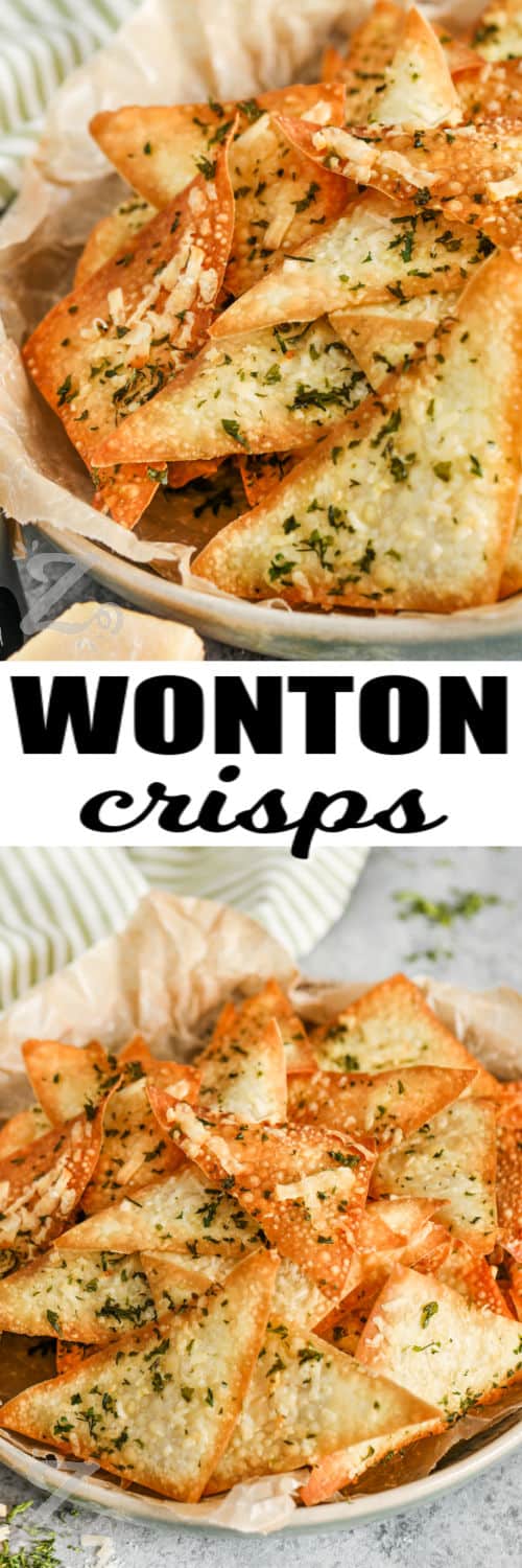 Wonton Chips in a plate and close up with a writing