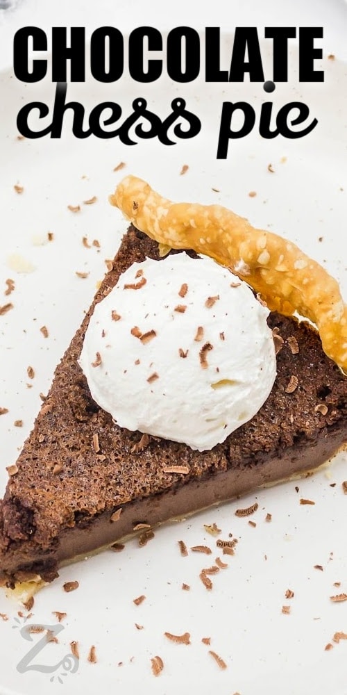 a slice of chocolate chess pie topped with whipped cream with a title