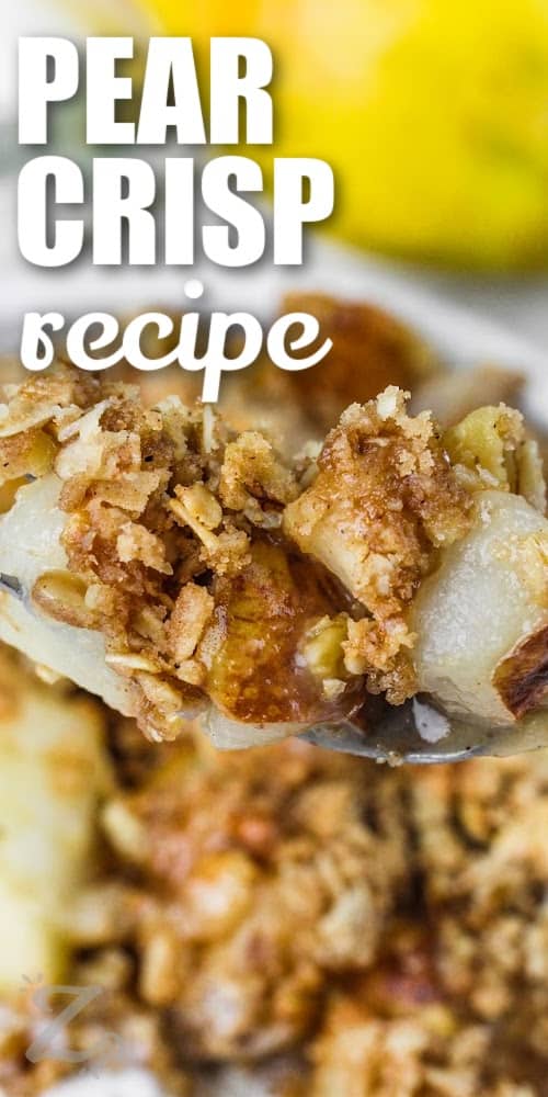 a spoonful of pear crisp with a title
