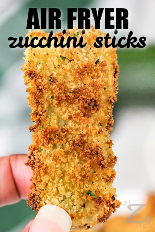 an air fryer zucchini stick being held up with text