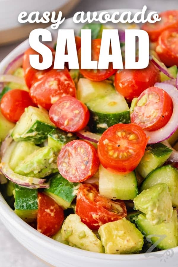 A serving of avocado salad with a title