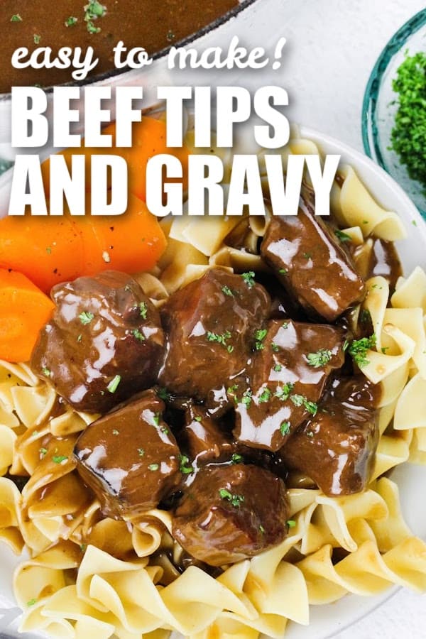 beef tips in gravy served over noodles with carrots and a title