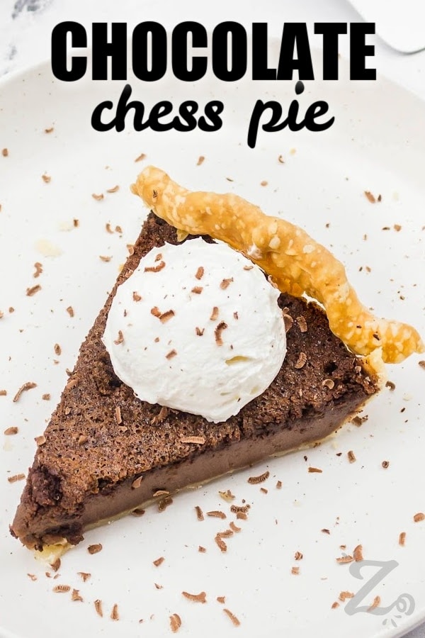 a serving of chocolate chess pie with a title