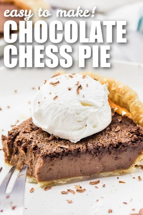 A slice of chocolate chess pie with a bit missing with a title