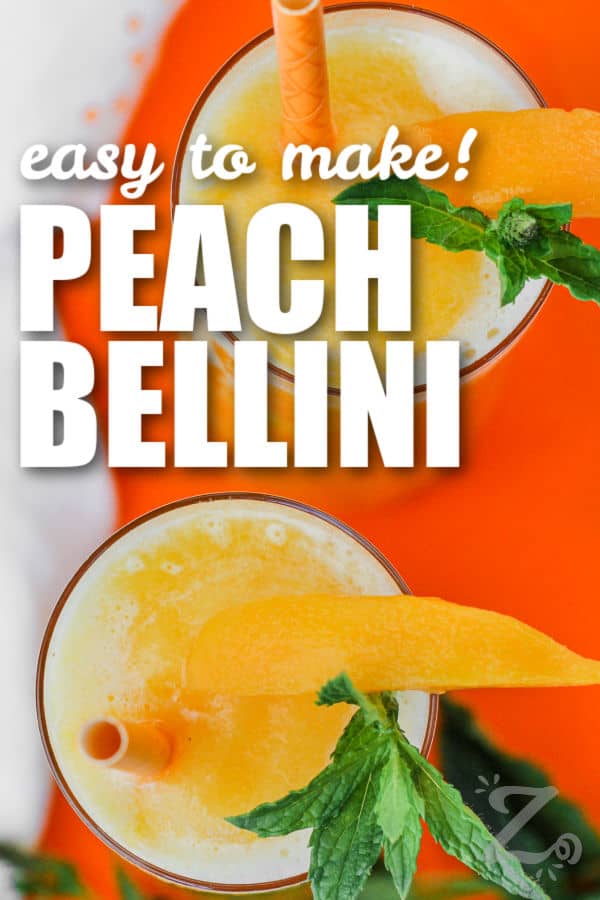 two glasses of peach bellini with text