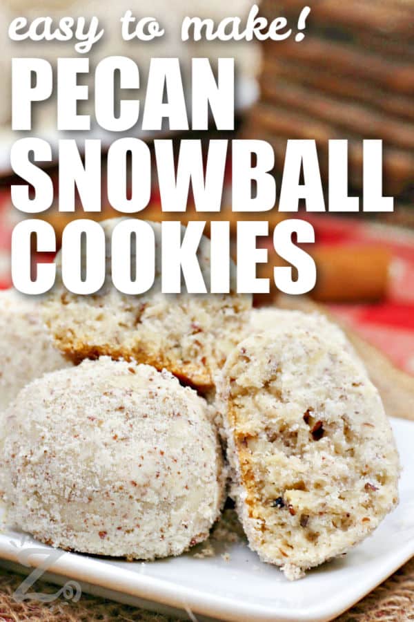 plated Pecan Snowball Cookies with writing