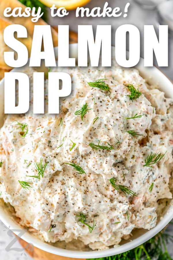 close up of Smoked Salmon Dip with dill and writing