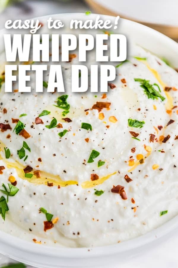 A bowl of whipped feta dip with a title
