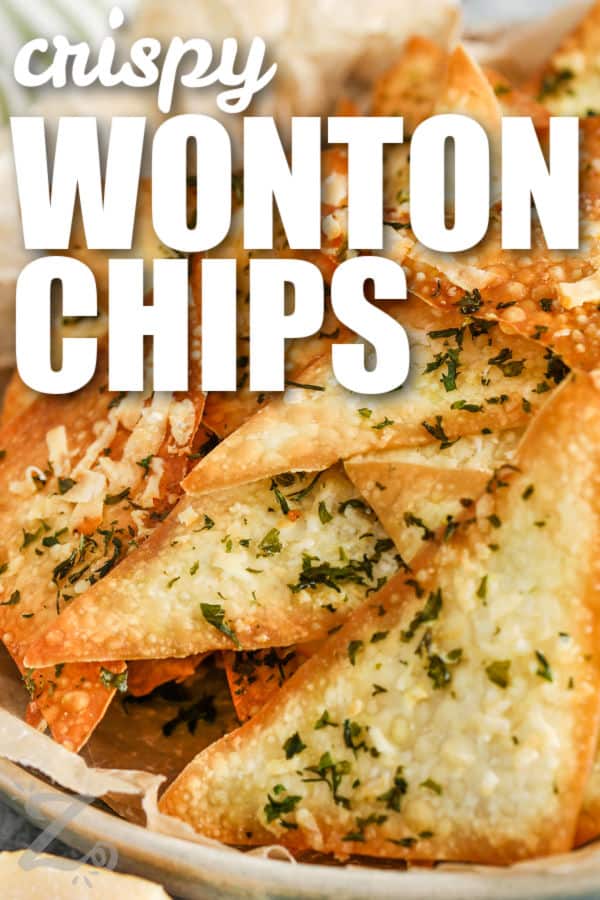 close up of Wonton Chips on a plate with writing