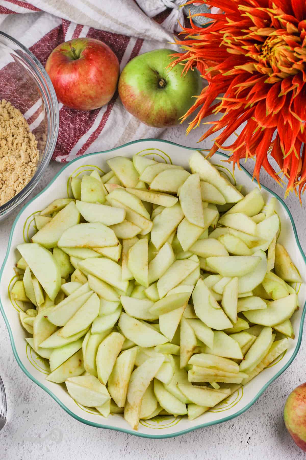 cut up apples in a bowl for Apple Crumble