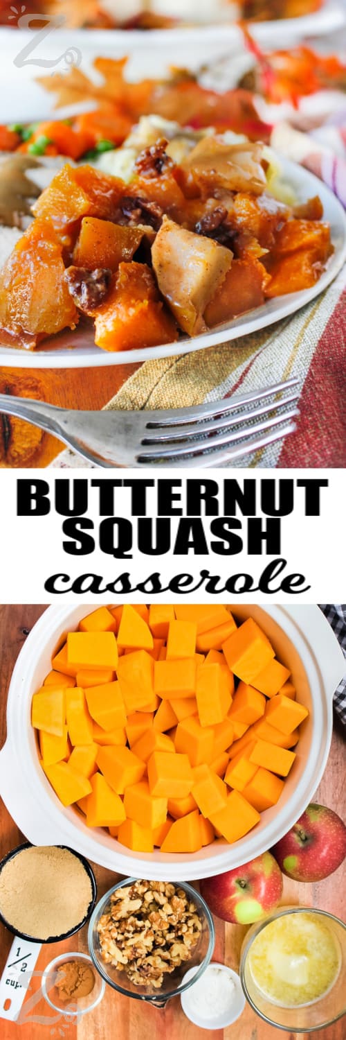 top image: butternut squash casserole on a plate with a fork bottom image: butternut squash casserole ingredients on a wooden board with a title