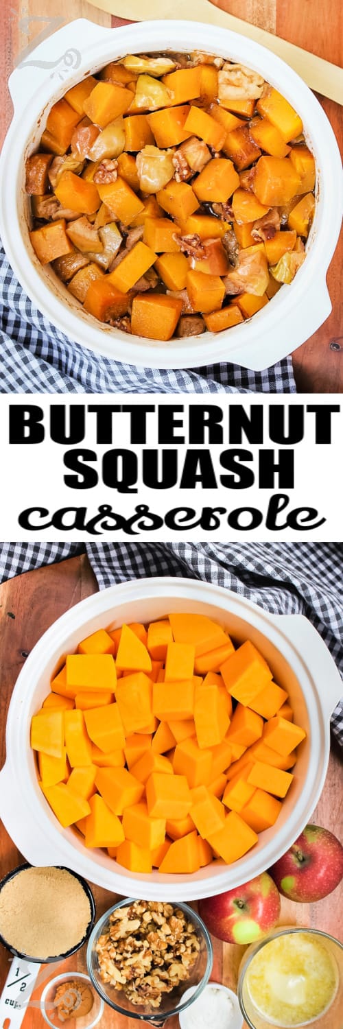 top image: butternut squash casserole in a white casserole dish bottom image: ingredients for butternut squash casserole