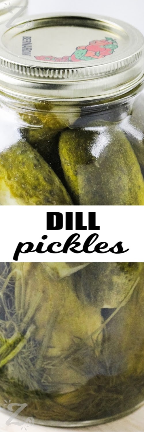 a jar of dill pickles with a title