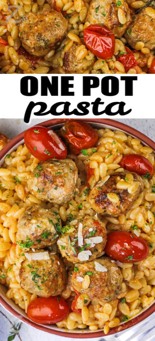 plated One Pot Tomato Orzo with Meatballs with a title