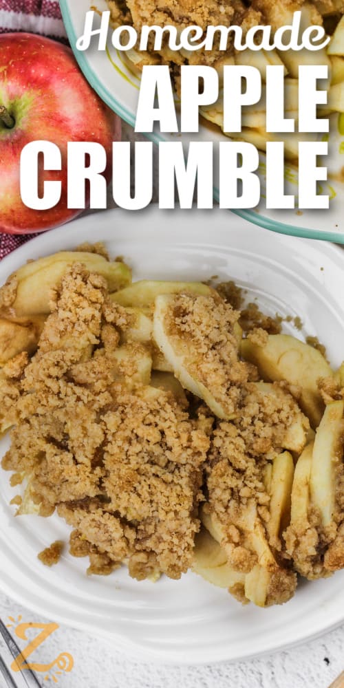 scoop of Apple Crumble on a plate with writing