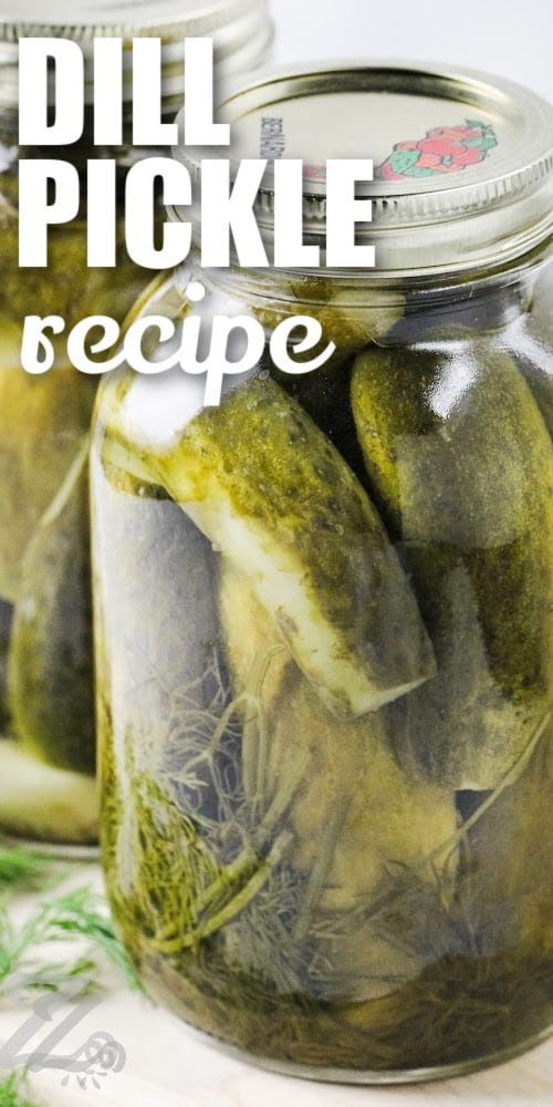A jar of dill pickles with text