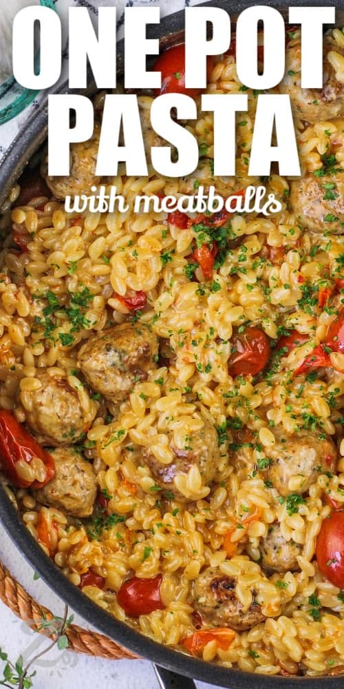 pot of One Pot Tomato Orzo With Meatballs and writing