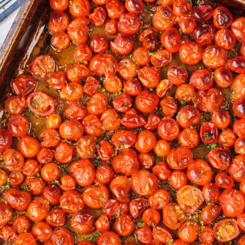 Roasted Cherry Tomatoes on a baking sheet