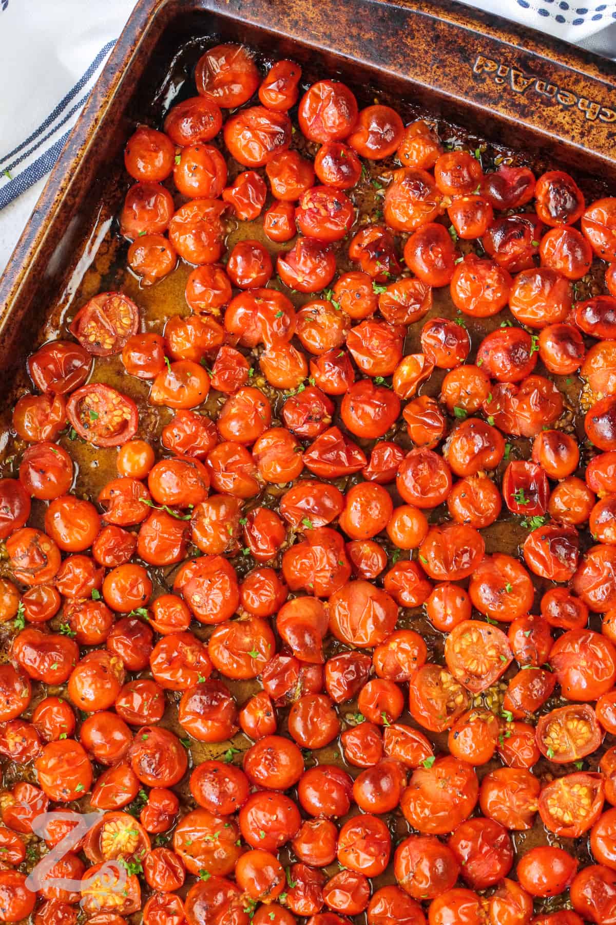 Roasted Cherry Tomatoes on a baking sheet