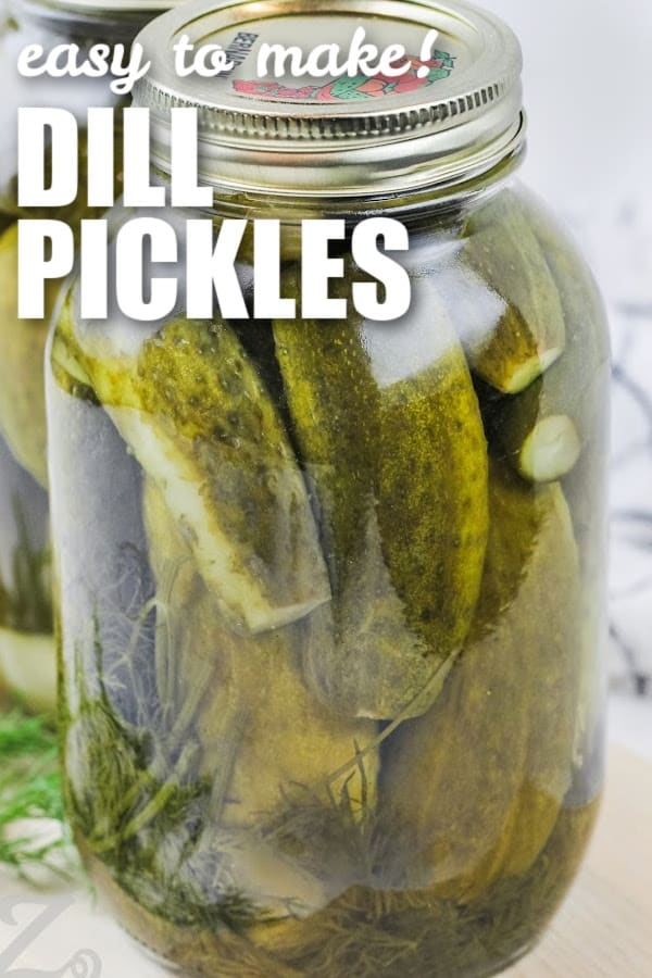 A jar of prepared dill pickles with text