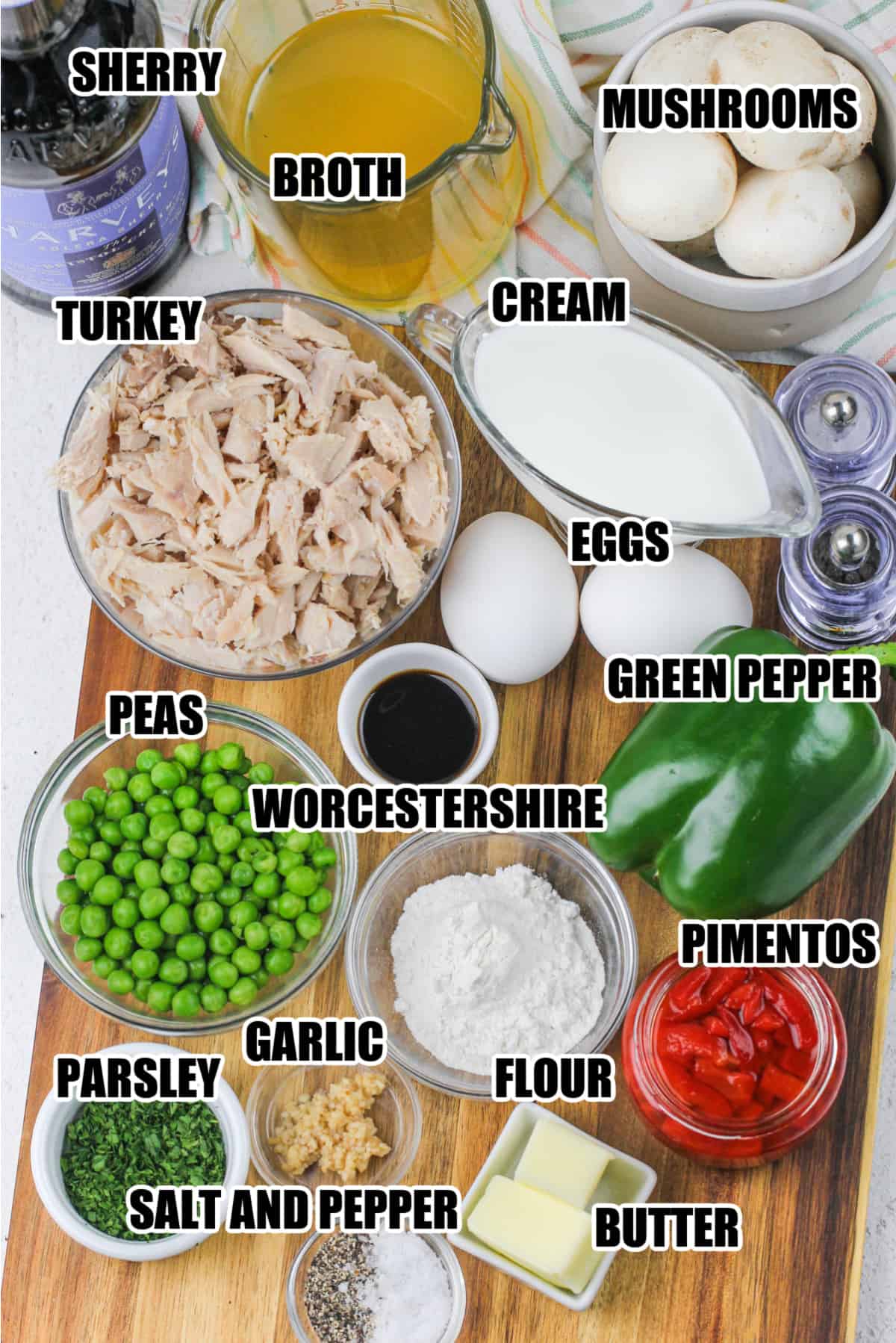 Turkey a la King ingredients including mushrooms, sherry, broth, cream, eggs, turkey, green pepper, peas, worcestershire, pimentos, garlic, parsley, flour, butter, salt, and pepper