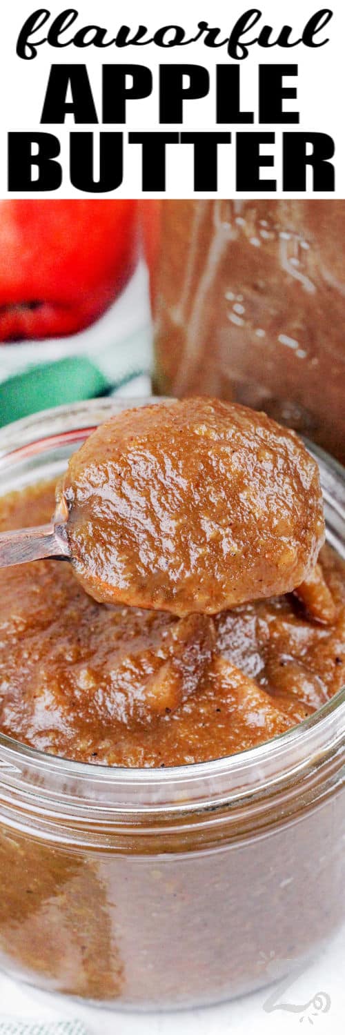 spoon and jar full of Apple Butter with text