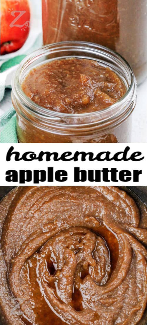 Apple Butter in the pot and in a jar with a title