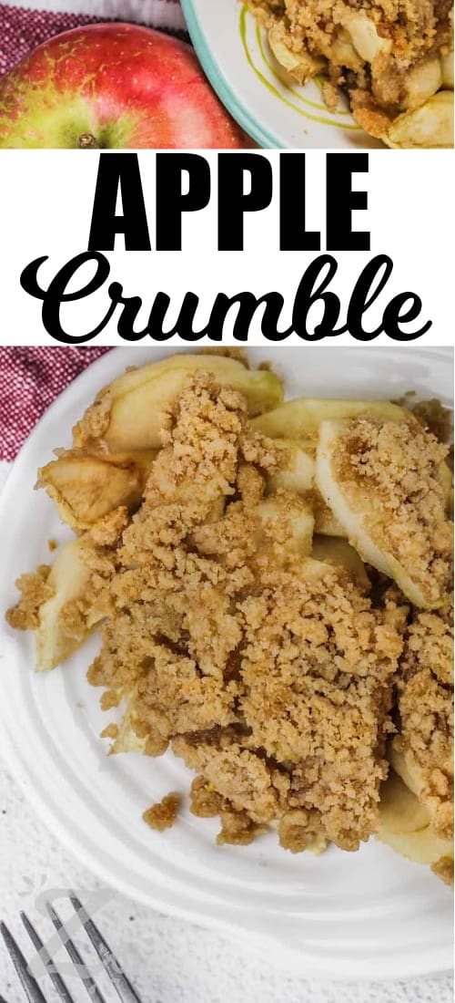 Apple Crumble on a plate with text