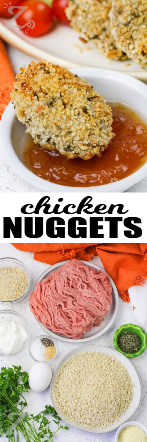 Chicken Nugget being dipped in sauce and ingredients to make Chicken Nuggets with a title