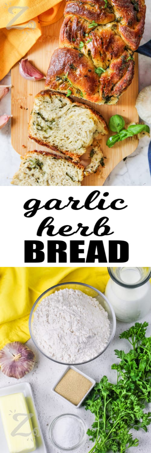 garlic herb bread ingredients and garlic herb bread on a wooden board with writing