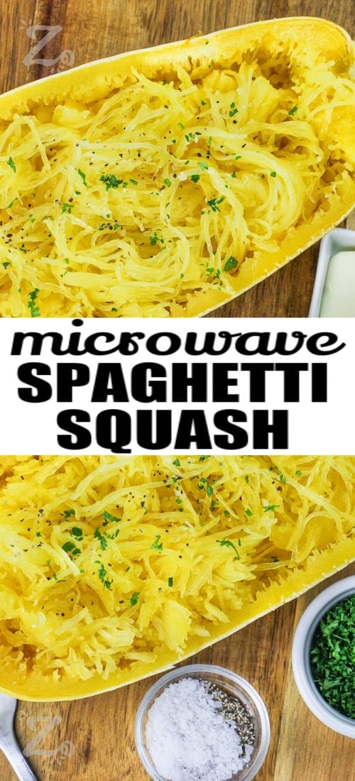 microwave spaghetti squash on a wooden board with writing
