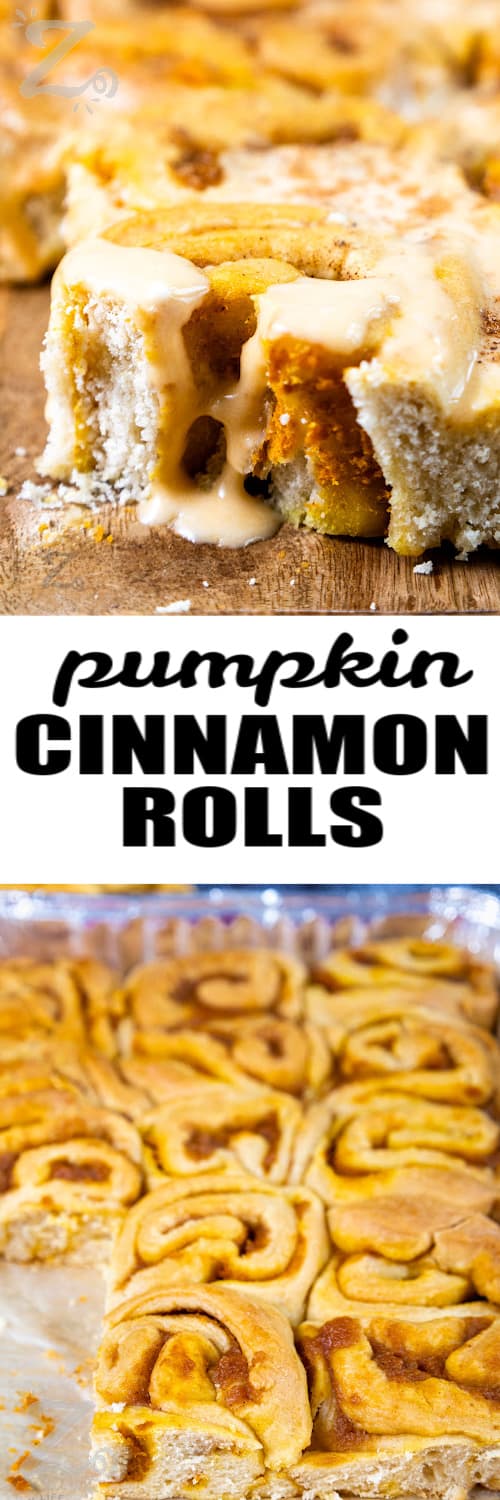 pumpkin cinnamon rolls in a pan and on a wooden board with writing