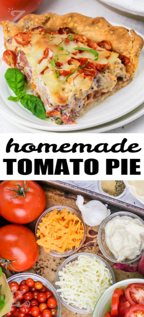tomato pie ingredients and a piece of tomato pie on a plate with writing