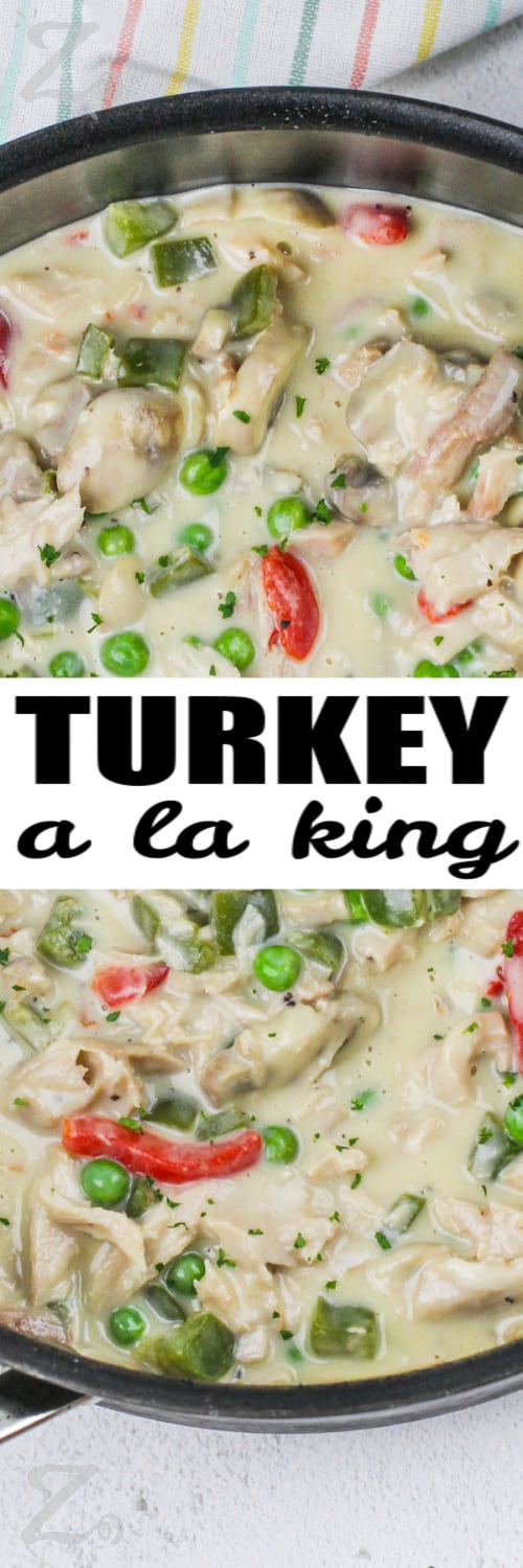 Turkey a la King in a pan with writing