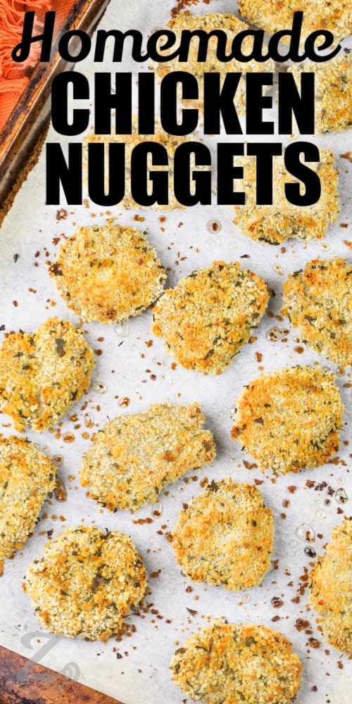 Chicken Nuggets on a baking sheet with a title