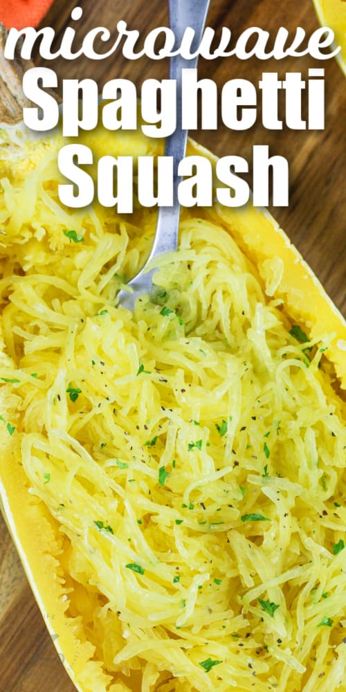 microwave spaghetti squash with a fork and a title