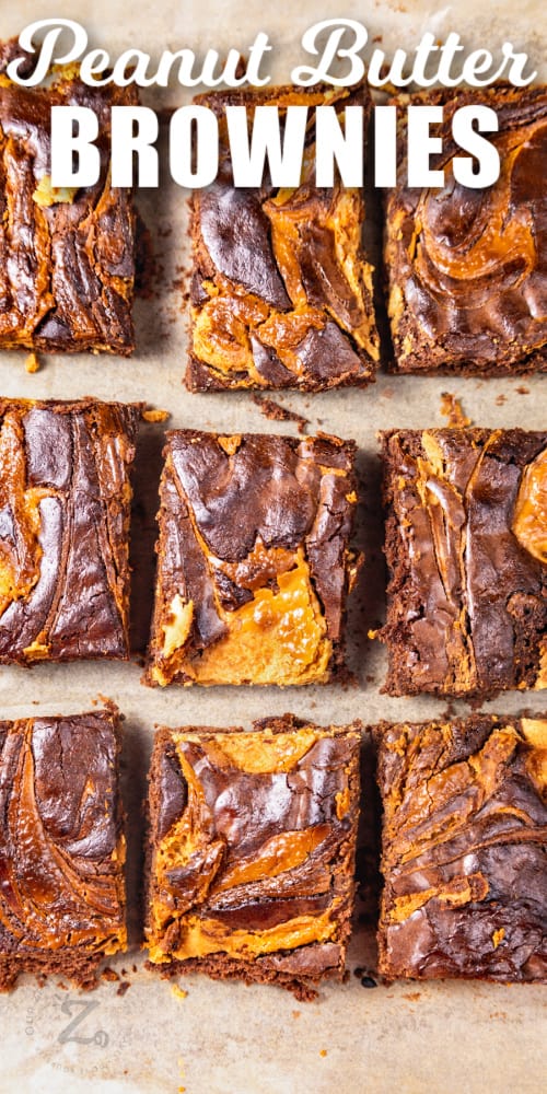 squares of Peanut Butter Brownies with text
