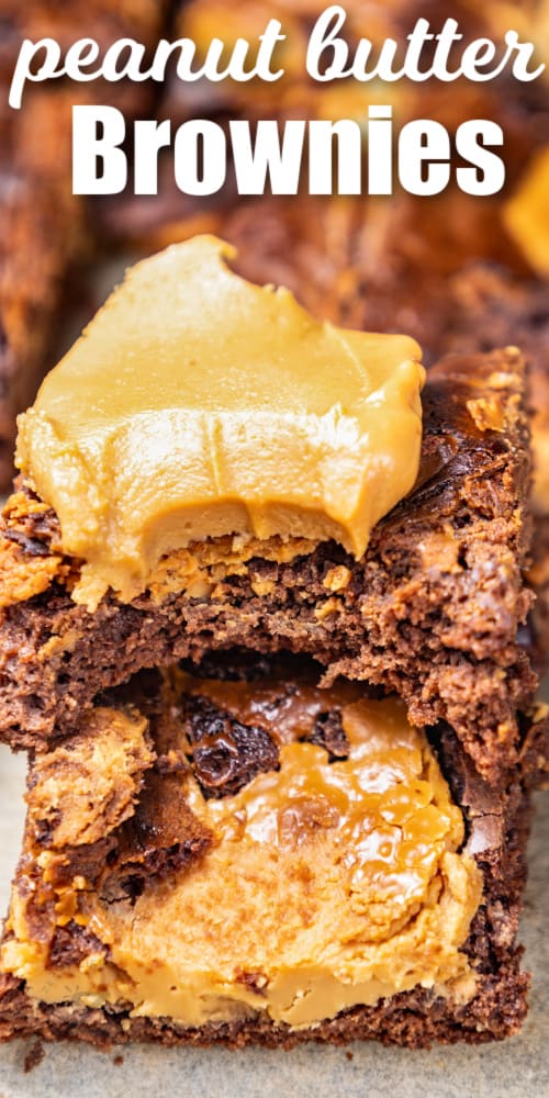 stack of Peanut Butter Brownies with a bite taken out and writing