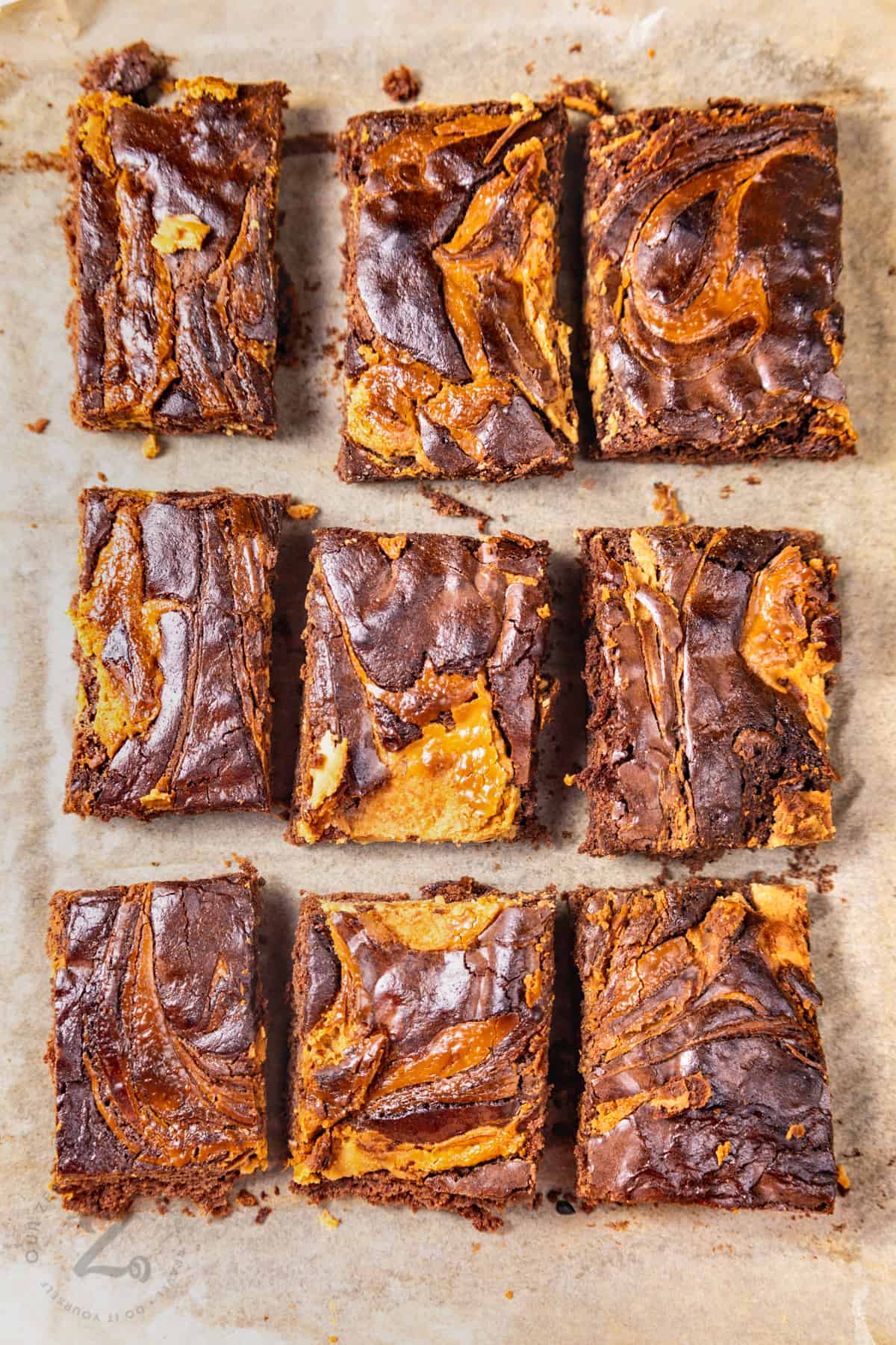 pieces of Peanut Butter Brownies on parchment paper