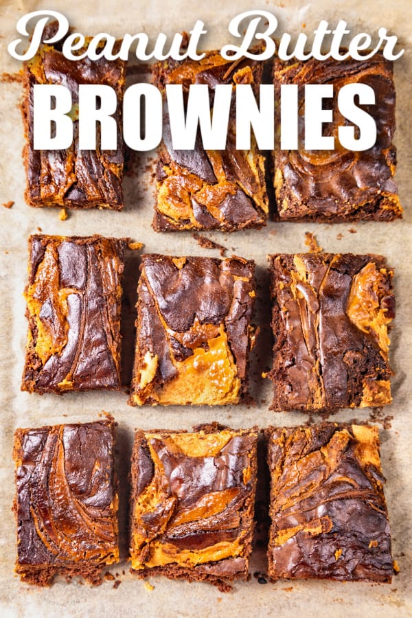 squares of Peanut Butter Brownies with a title