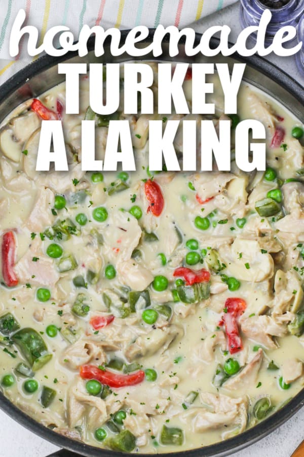 Turkey a la King in a pan with text