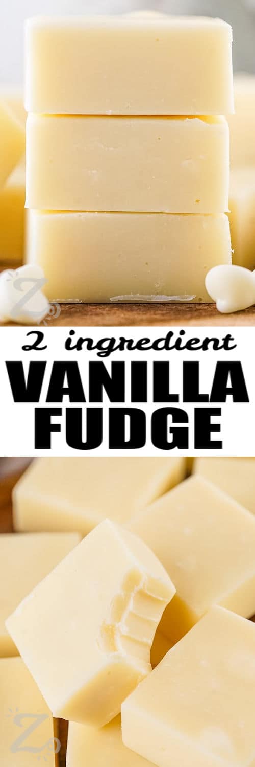 2 Ingredient Vanilla Fudge in a stack and a piece with a bite taken out of it and a title