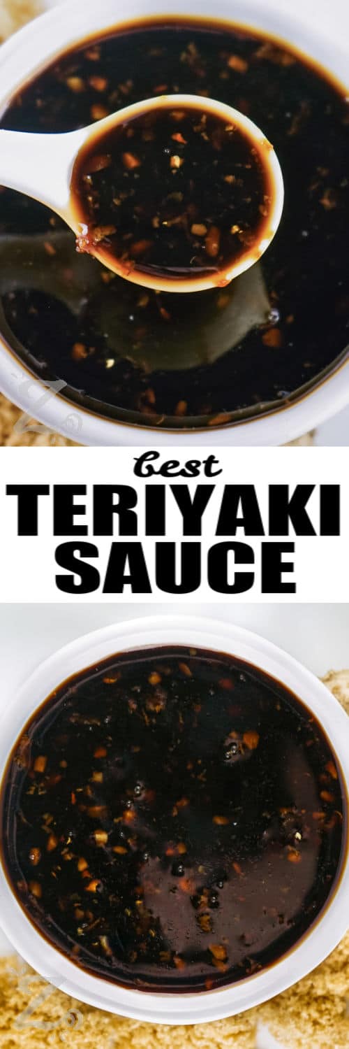 Best Teriyaki Sauce in a bowl and in a spoon with a title