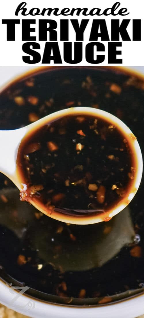 close up of Best Teriyaki Sauce in a spoon with writing