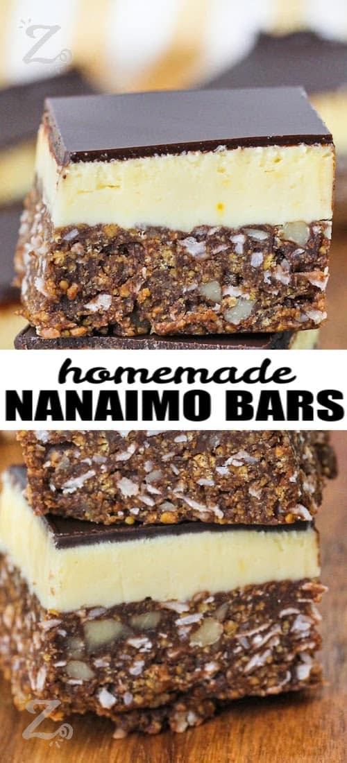 stack of Nanaimo Bars with text in the middle