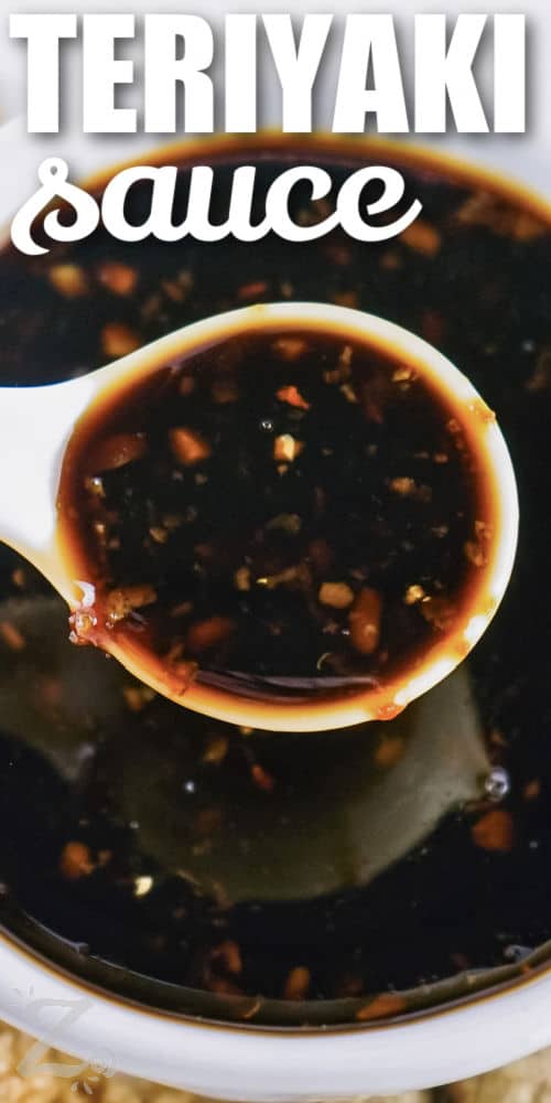 close up of Best Teriyaki Sauce in a spoon with writing