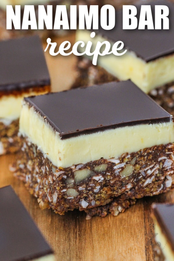 Nanaimo Bars on a wooden board with a title