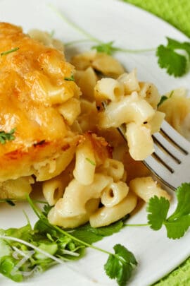 Homemade Baked Macaroni and Cheese on a fork