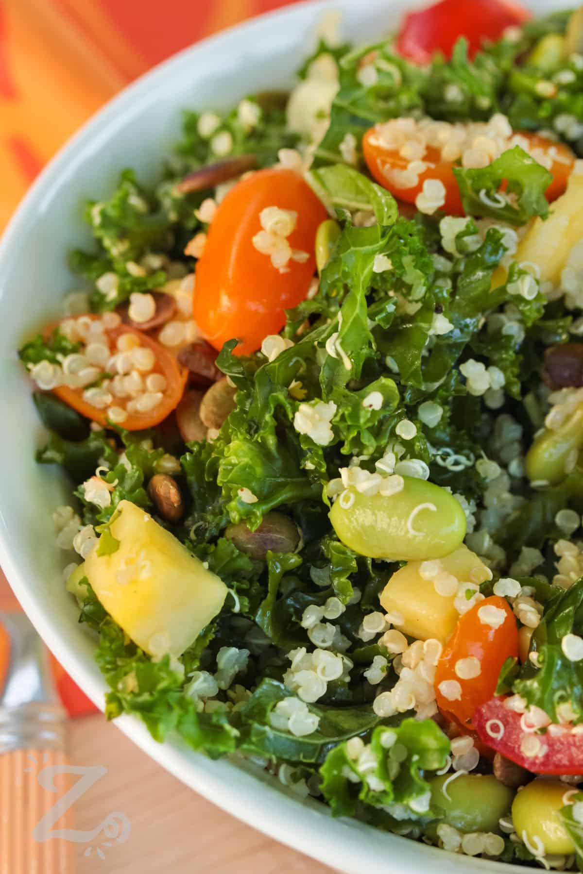 easy Kale Quinoa Salad in a bowl aKale Quinoa Salad with tomatoes