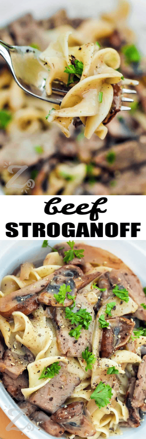 Beef Stroganoff on a fork, and in a bowl under the title